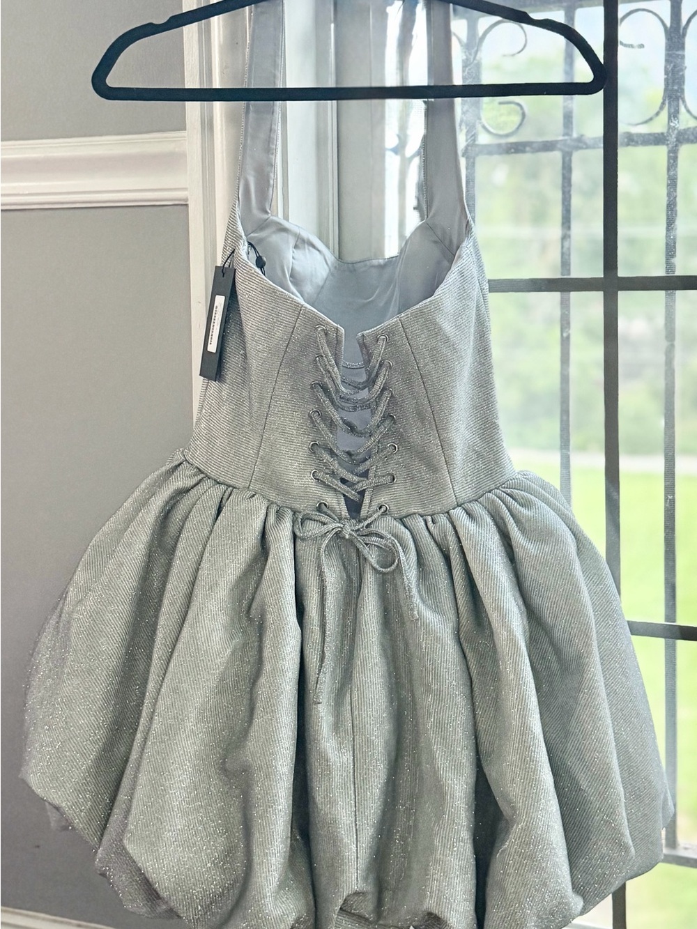 NWT Babyboo Araminta Silver Metallic Bubble Mini Dress Size S - Picture 3 of 8